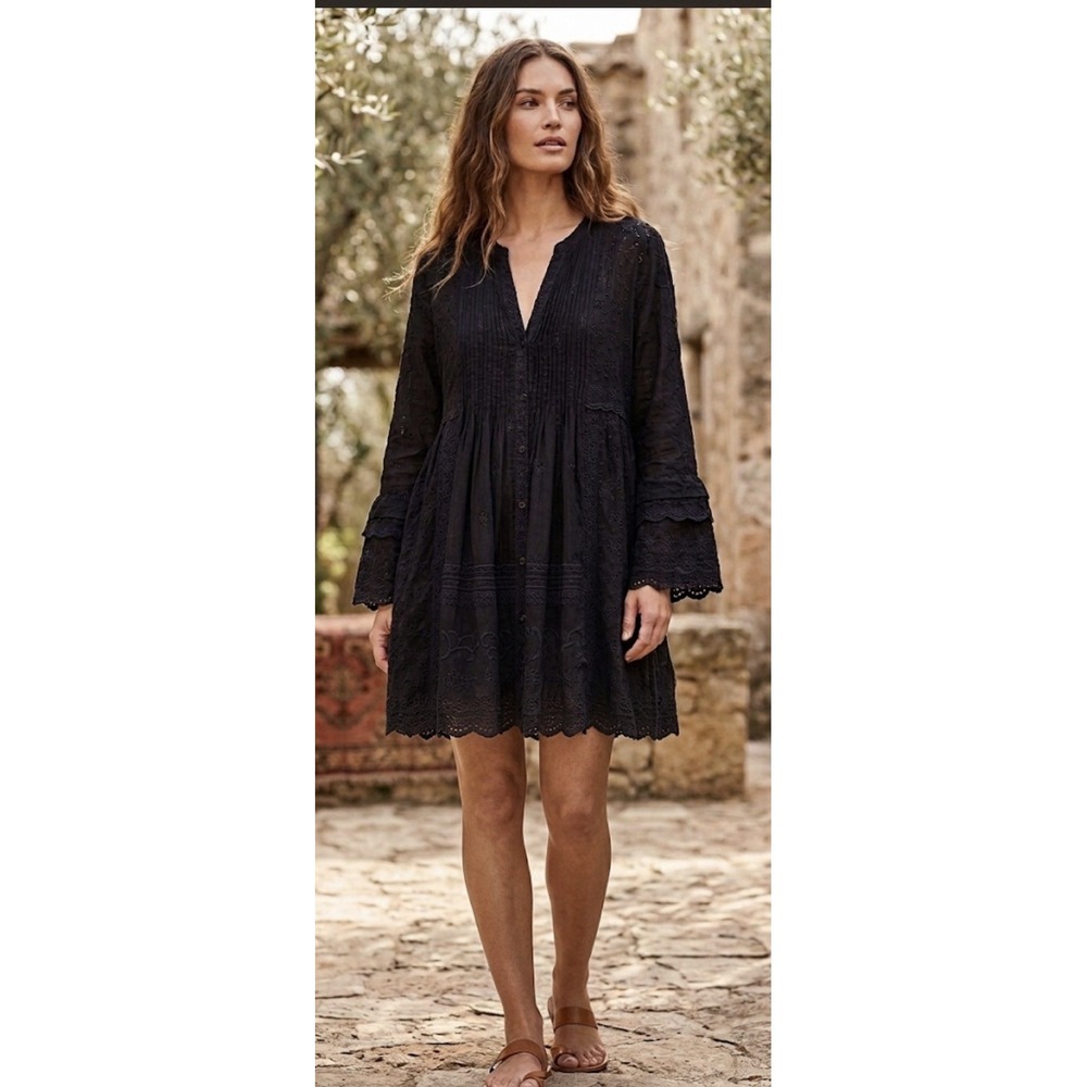 Johnny Was black bohemian dress Size Medium Tonal Embroidery Eyelet Pin tucks